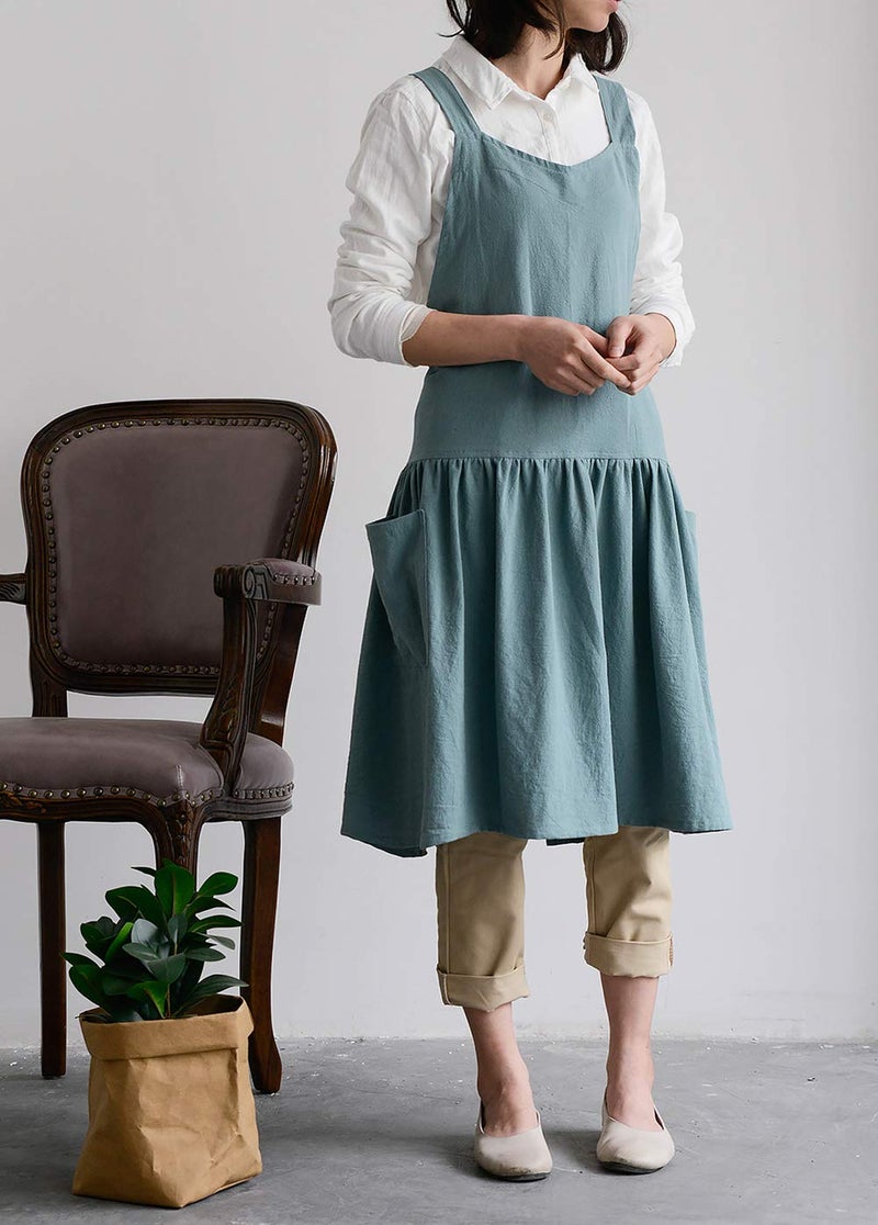 NEWGEM Cotton Linen Cross Back Apron for Women with Pockets for Gardening Cleaning Turquoise with Waist Ties - Image 4